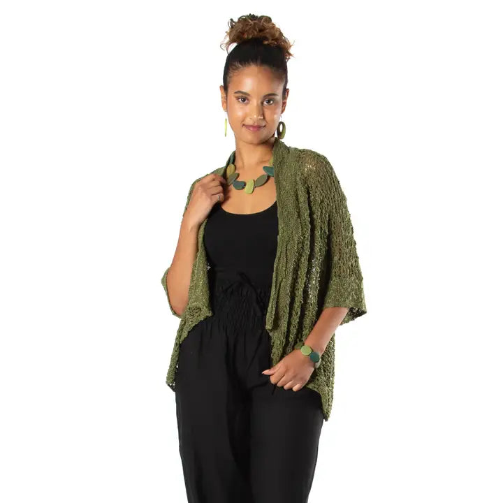 Popcorn Knit Short Sleeve Green Cardigan