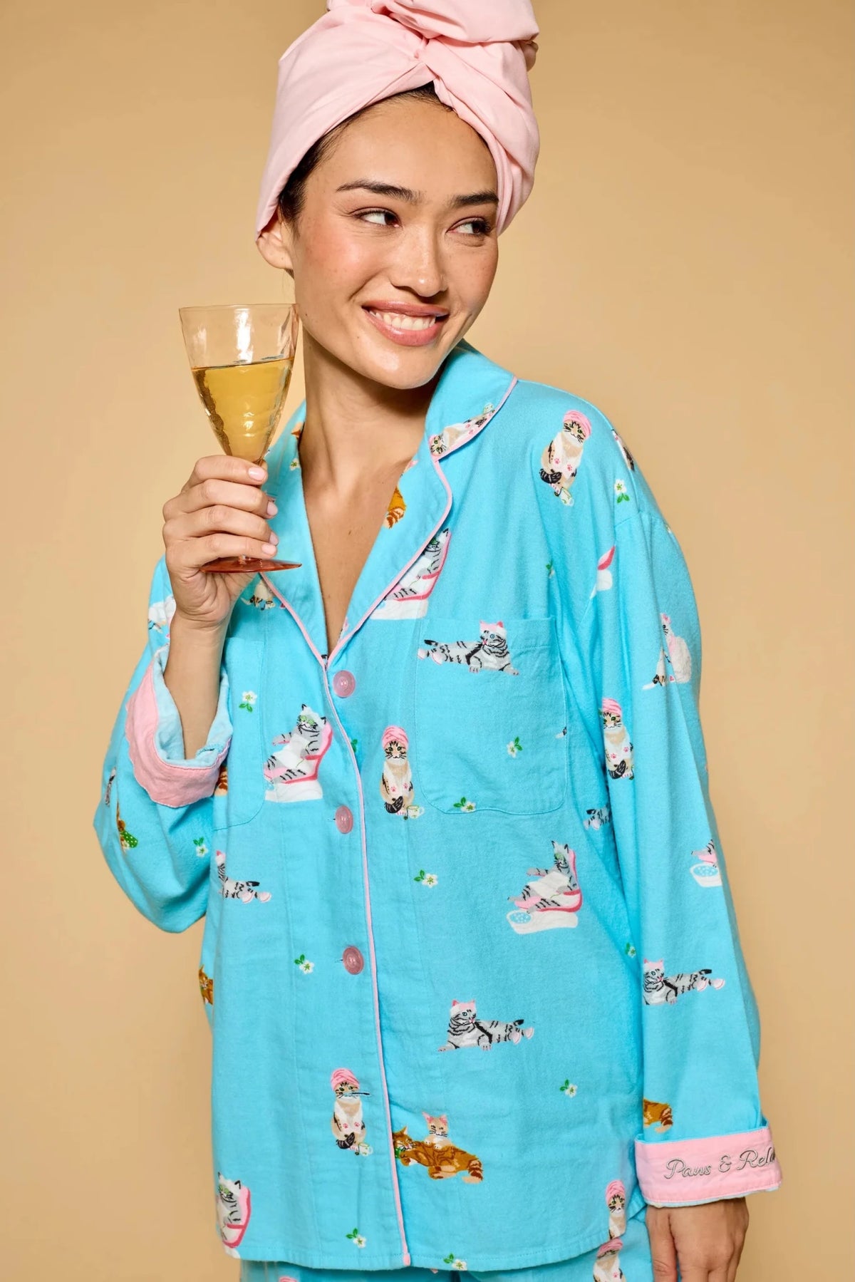 Pampered Cat Print 3-Piece Long Sleeve Flannel PJ SetSleepwearPosh Boutique
