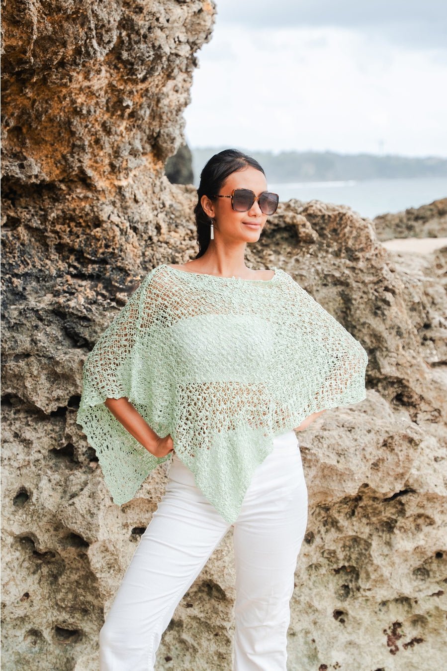 Pistachio Popcorn Knit PonchoJacketsPosh Boutique