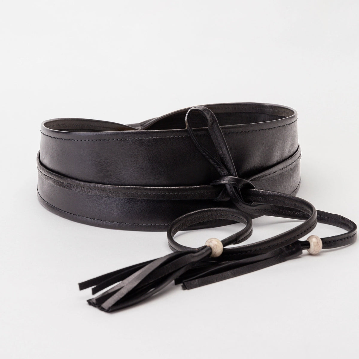Black Leather Obi Belt with Tassels