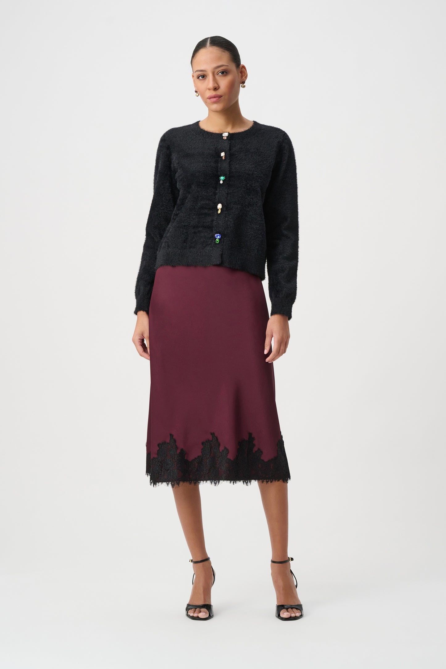 Recycled Satin Lace Trim Midi Skirt