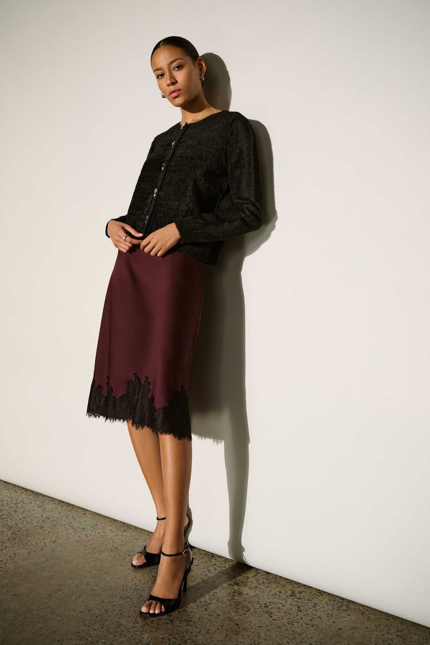 Recycled Satin Lace Trim Midi Skirt