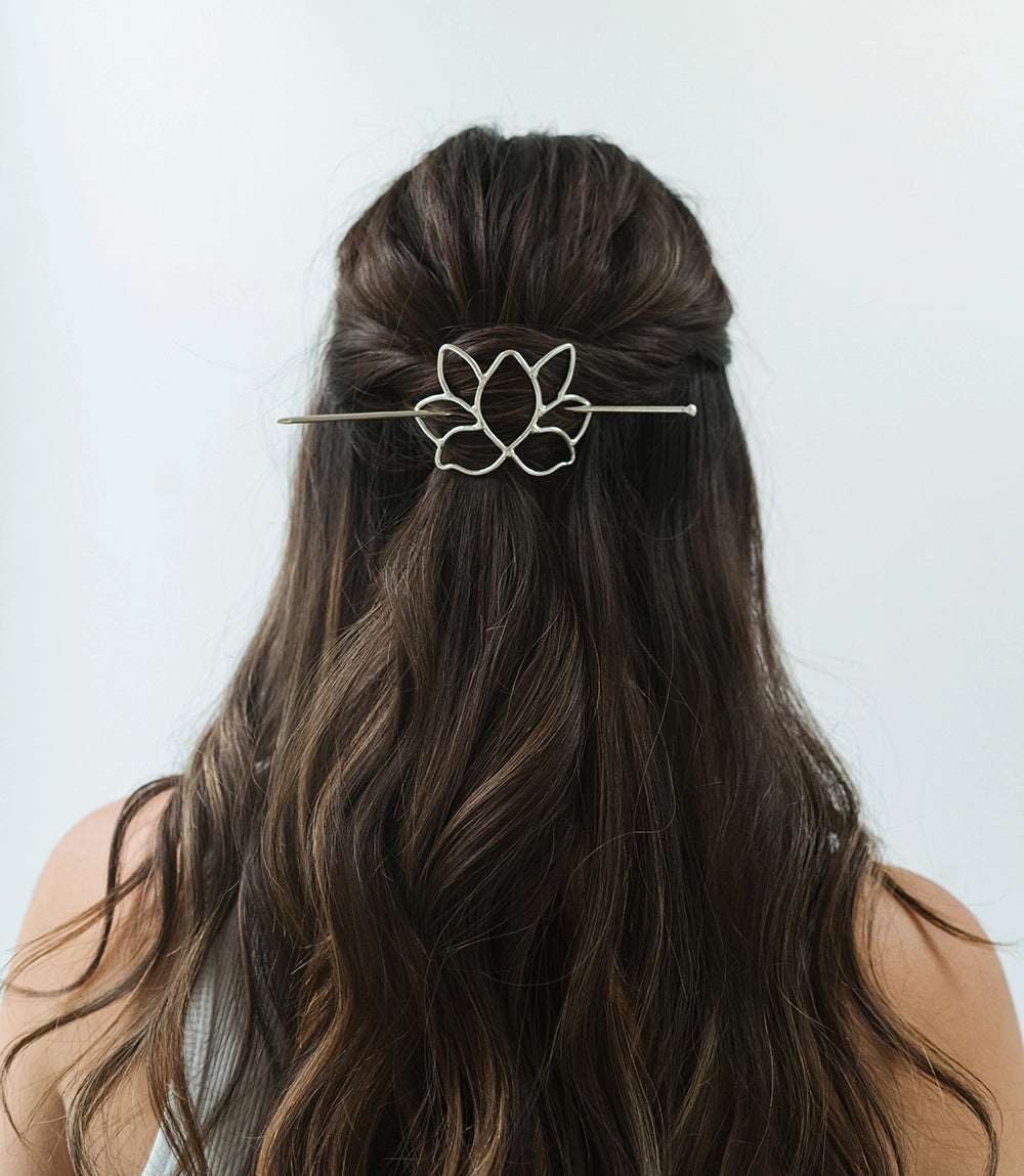 Silver Lotus Hair Slide with Stick