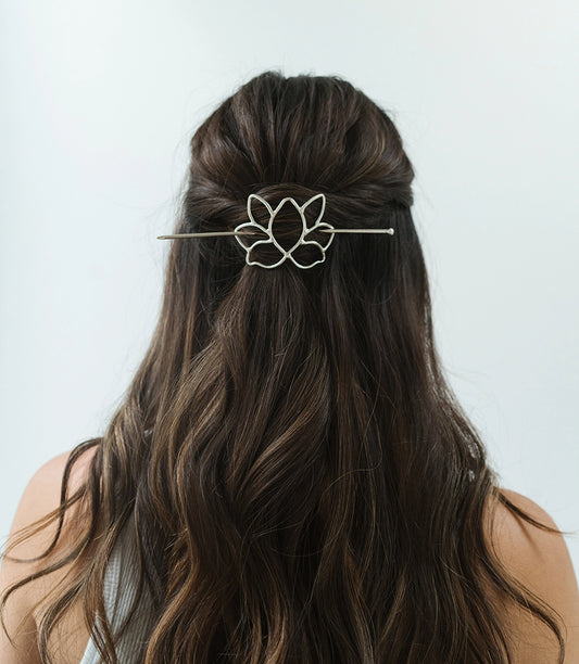 Silver Lotus Hair Slide with Stick