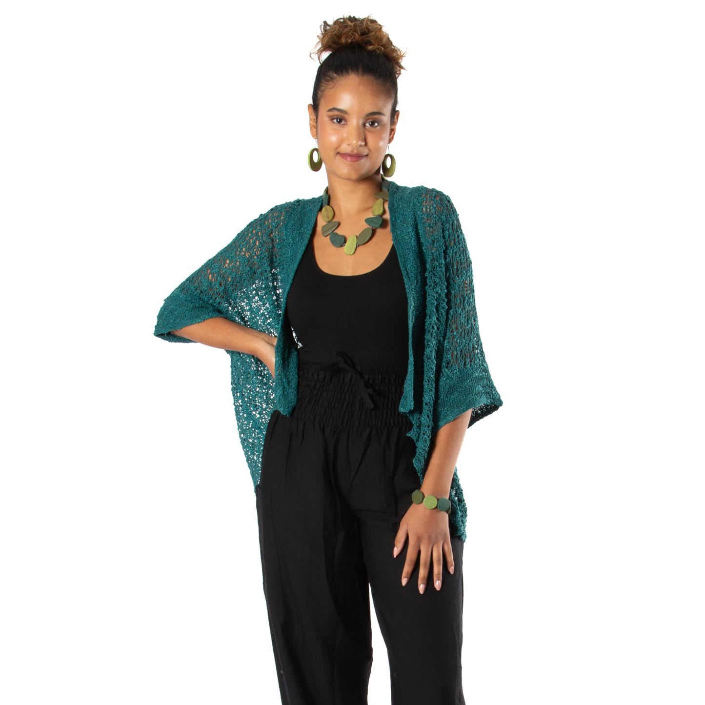 Popcorn Knit Short Sleeve Jade Cardigan