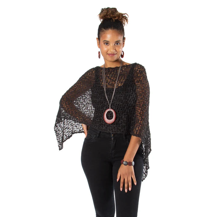 Black Popcorn Knit Poncho