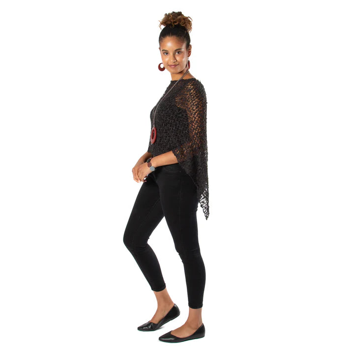 Black Popcorn Knit Poncho