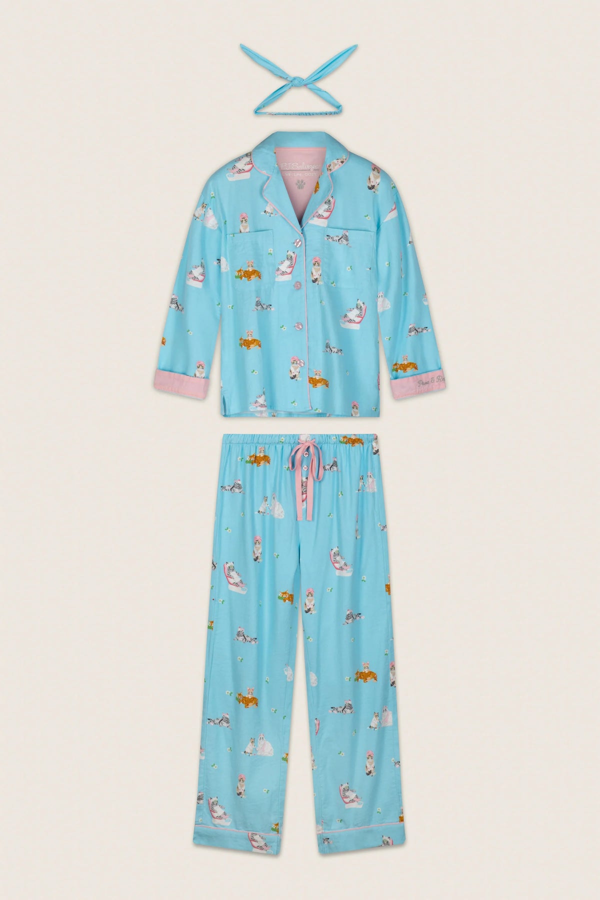 Pampered Cat Print 3-Piece Long Sleeve Flannel PJ Set
