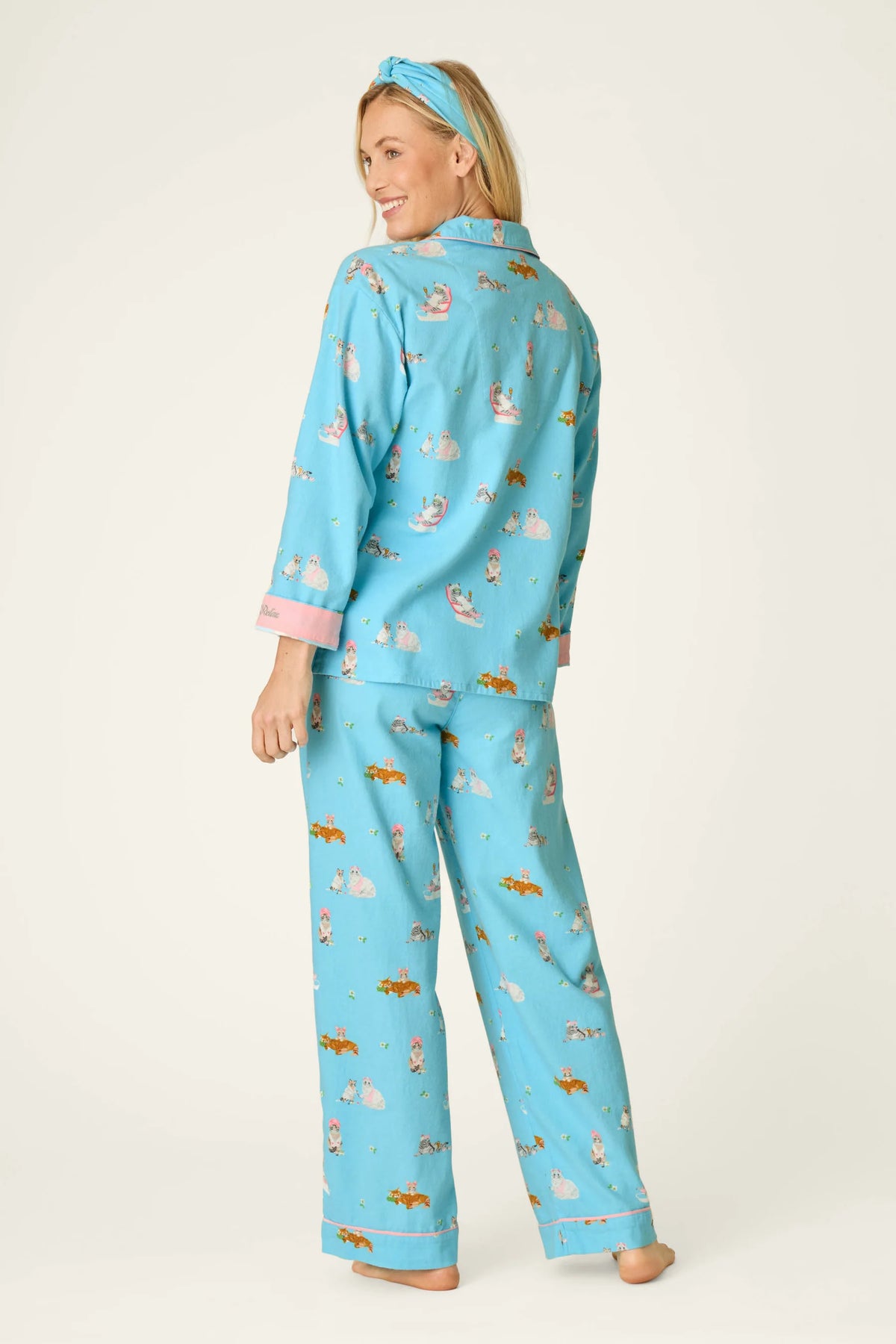 Pampered Cat Print 3-Piece Long Sleeve Flannel PJ Set