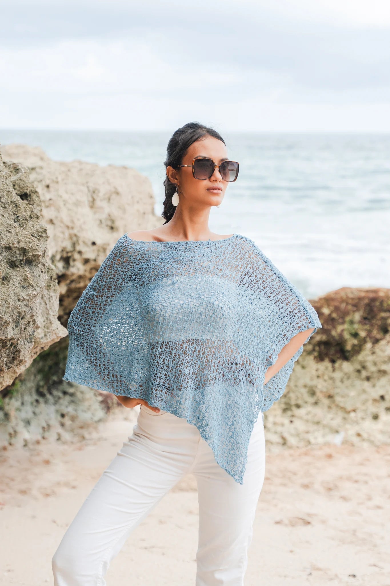 Blue Popcorn Knit PonchoJacketsPosh Boutique