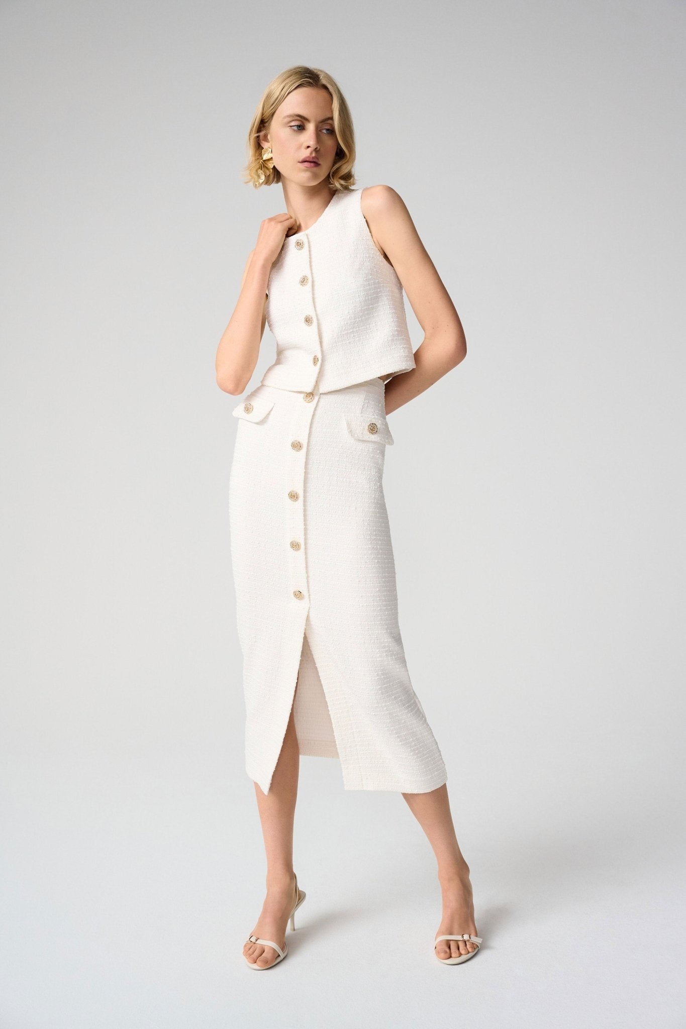 Bouclé Pencil Skirt With Gold ButtonsSkirtsPosh Boutique