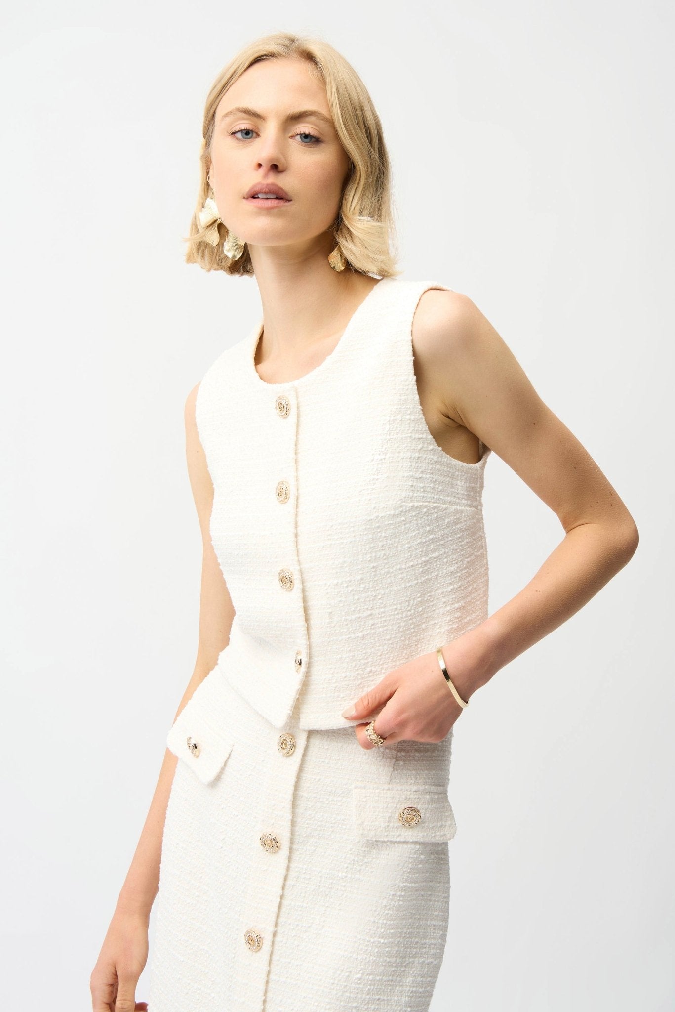 Bouclé Sleeveless Vest With Gold ButtonsTopsPosh Boutique