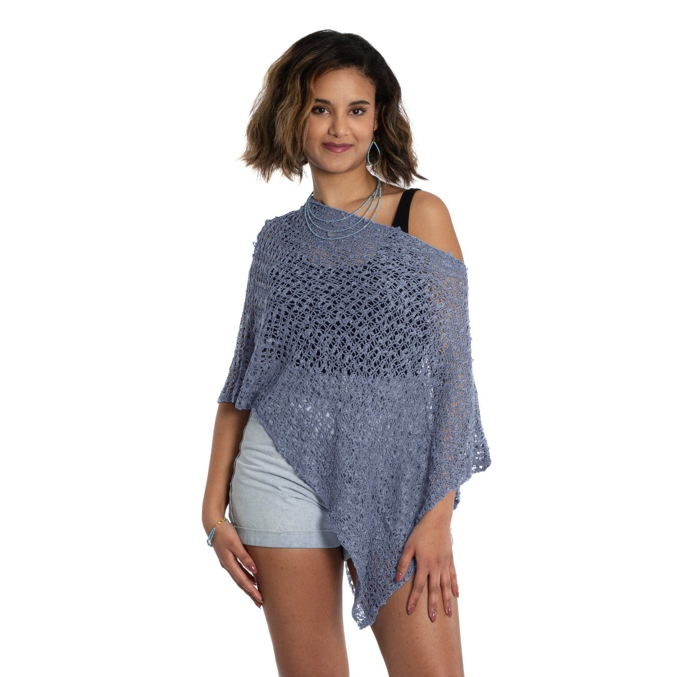 Denim Popcorn Knit PonchoJacketsPosh Boutique
