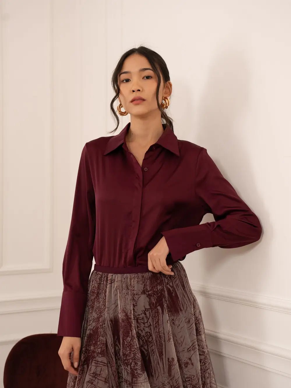 Léa Bordeaux Satin BlouseblousePosh Boutique