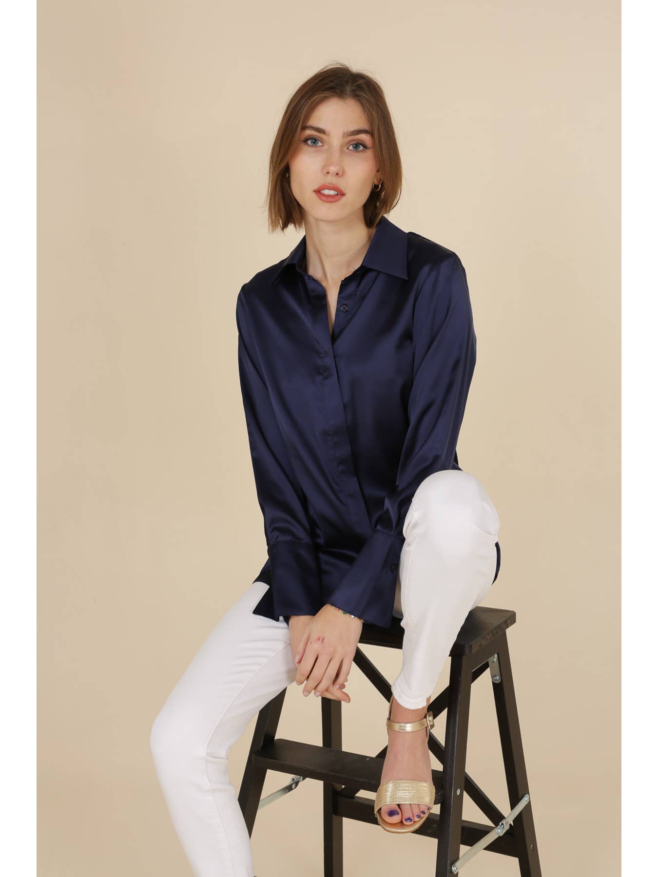 Léa Navy Satin BlousePosh Boutique