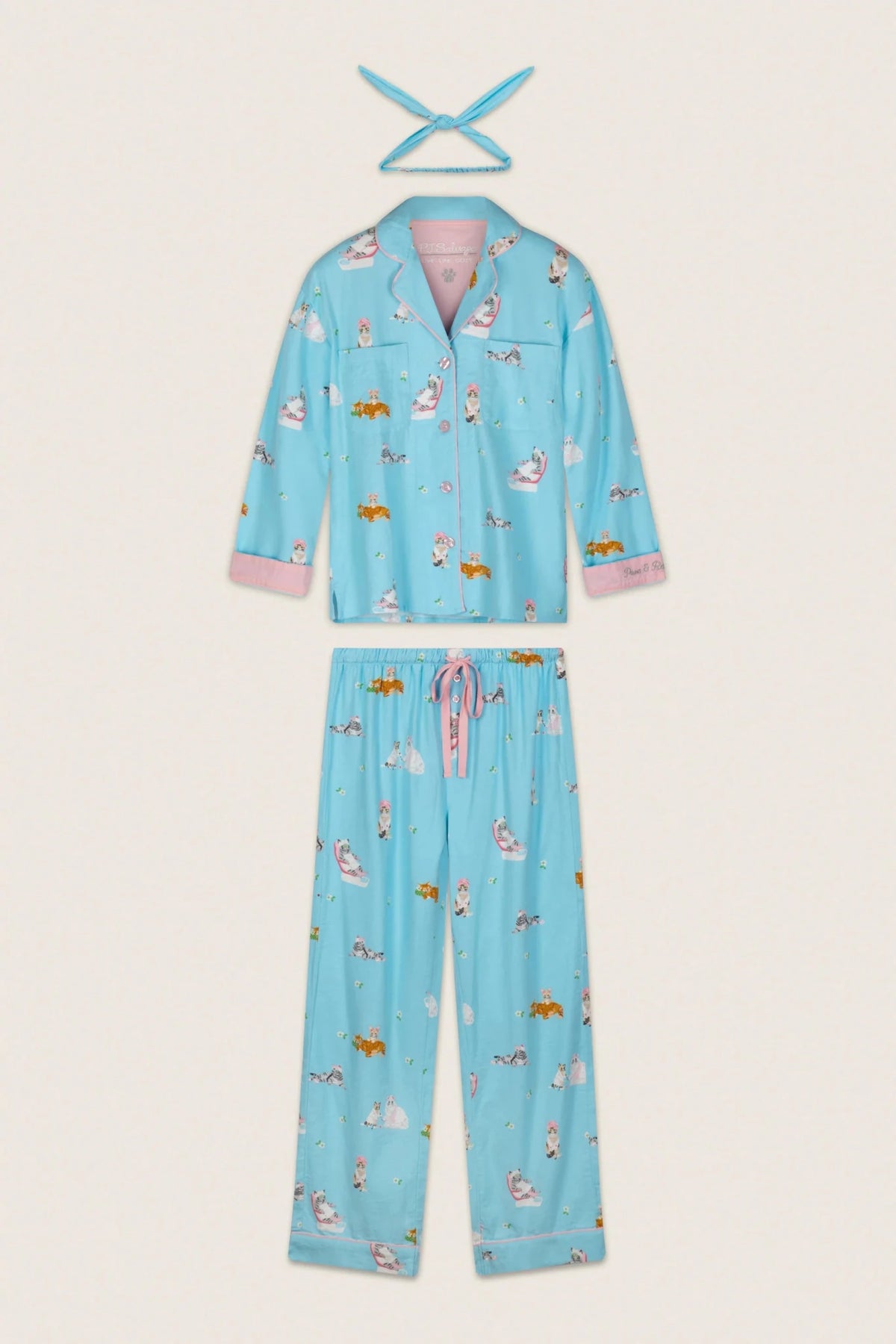 Pampered Cat Print 3-Piece Long Sleeve Flannel PJ SetSleepwearPosh Boutique