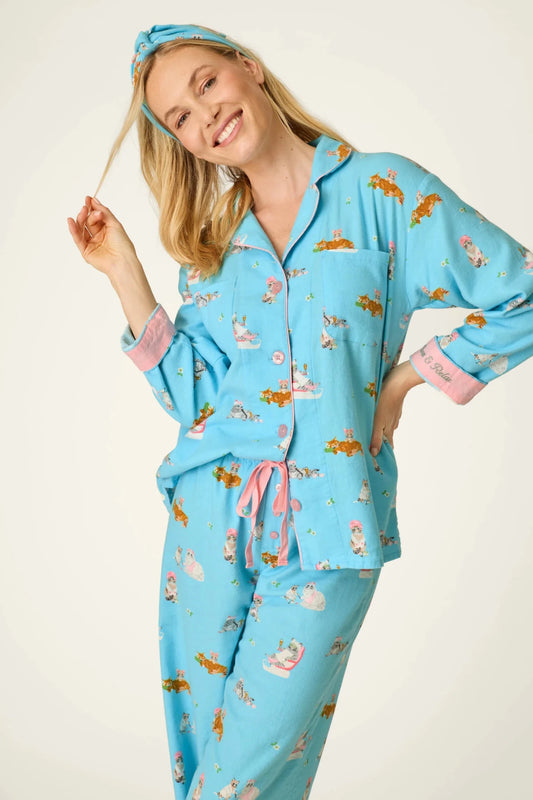 Pampered Cat Print 3-Piece Long Sleeve Flannel PJ SetSleepwearPosh Boutique