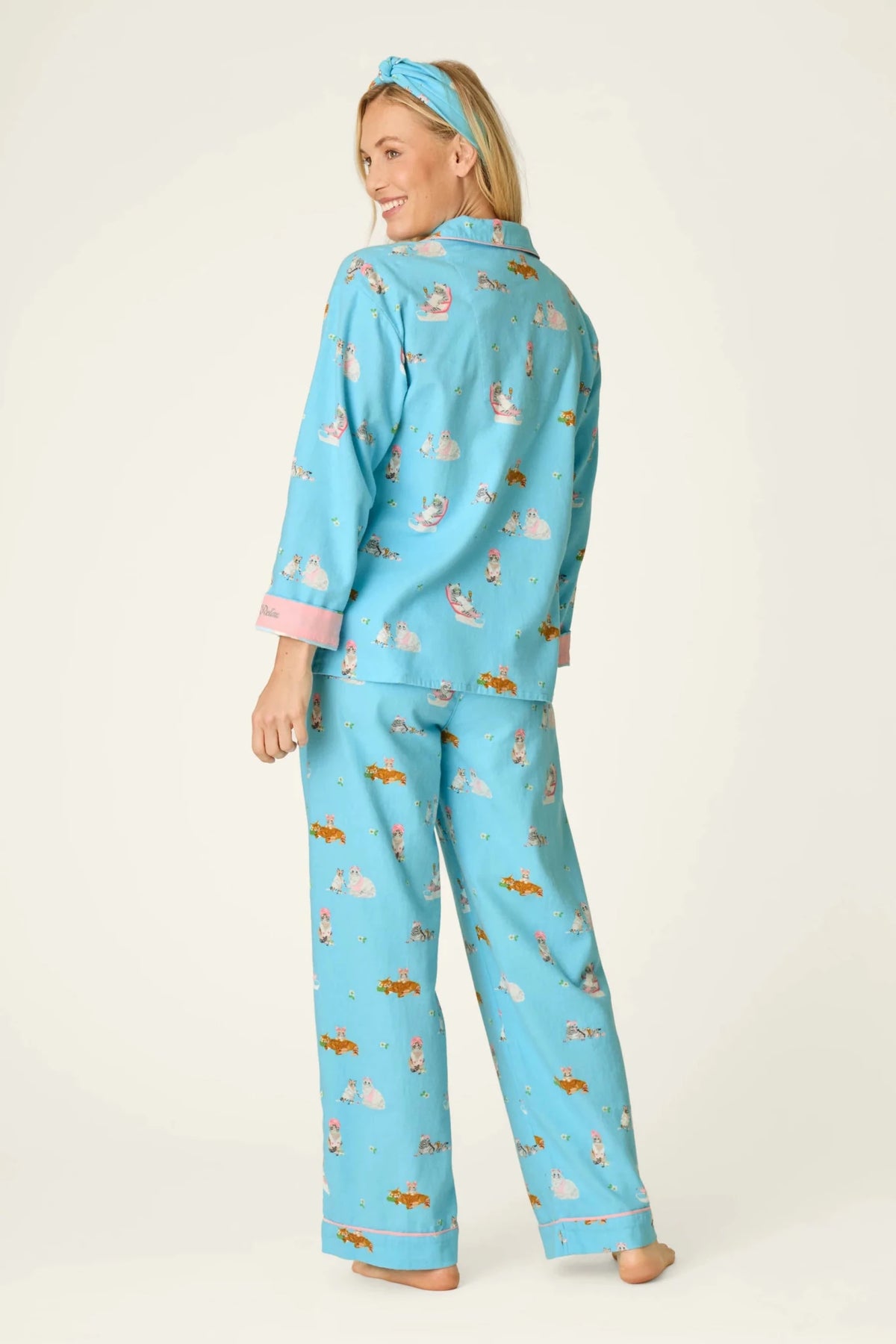 Pampered Cat Print 3-Piece Long Sleeve Flannel PJ SetSleepwearPosh Boutique