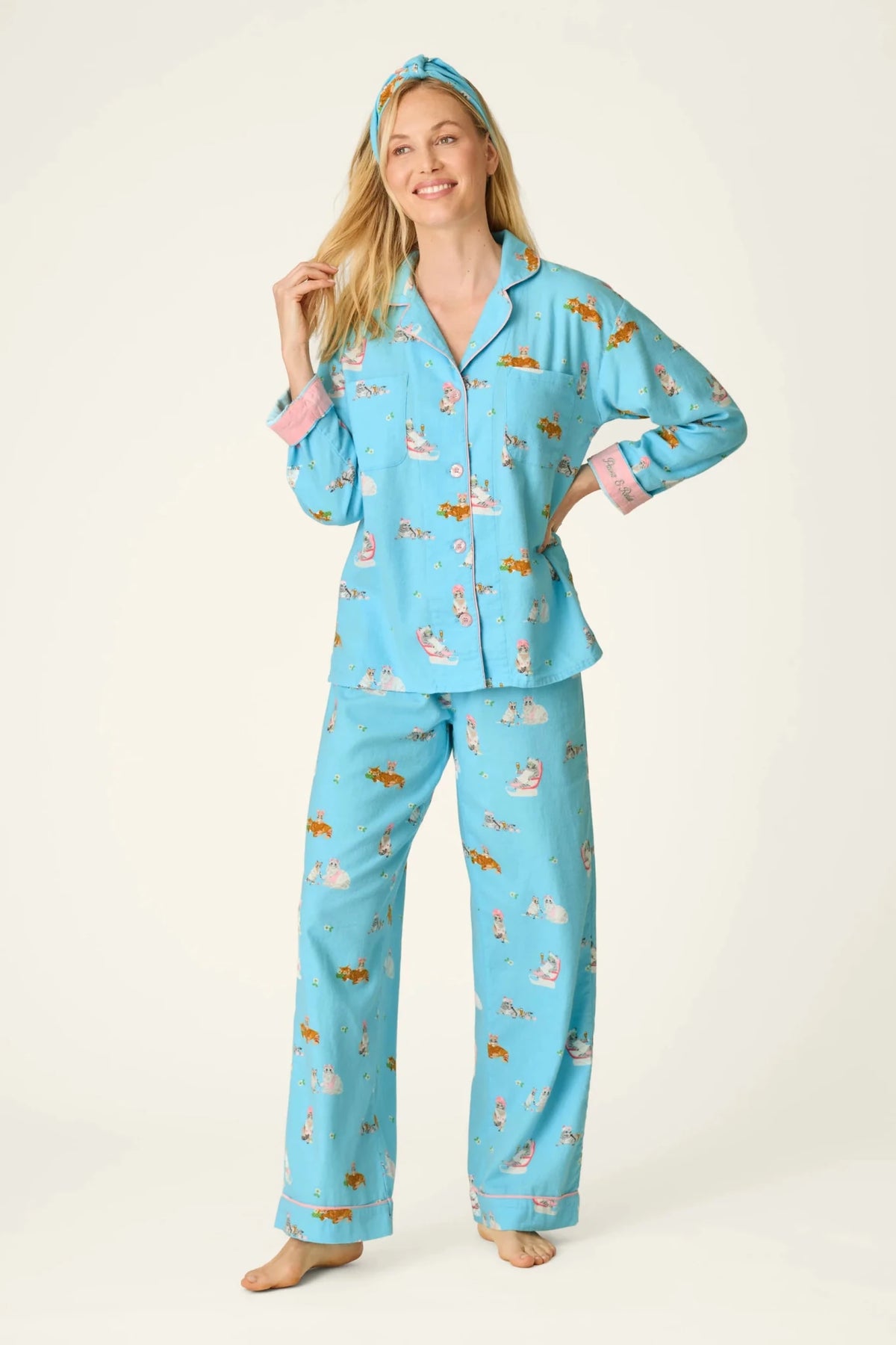 Pampered Cat Print 3-Piece Long Sleeve Flannel PJ SetSleepwearPosh Boutique