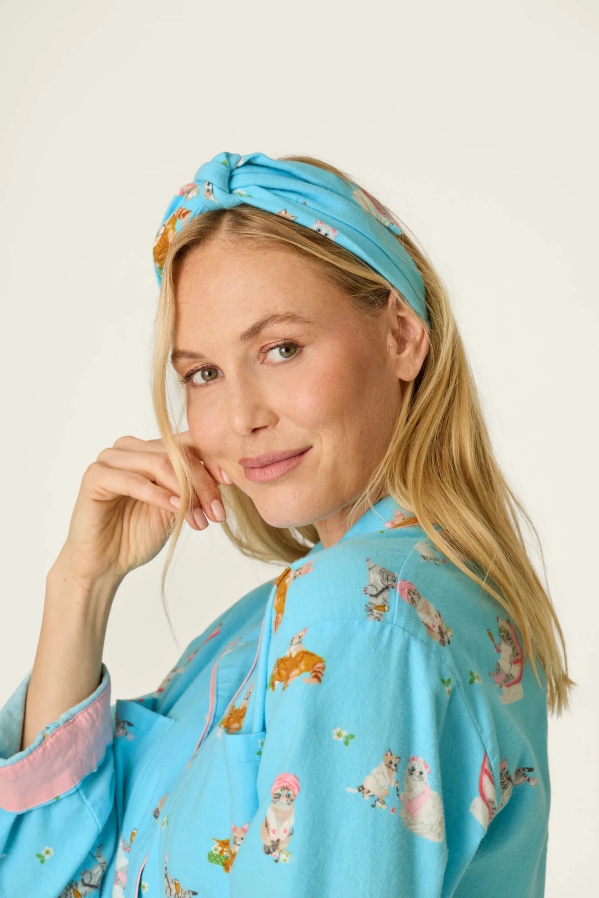 Pampered Cat Print 3-Piece Long Sleeve Flannel PJ SetSleepwearPosh Boutique