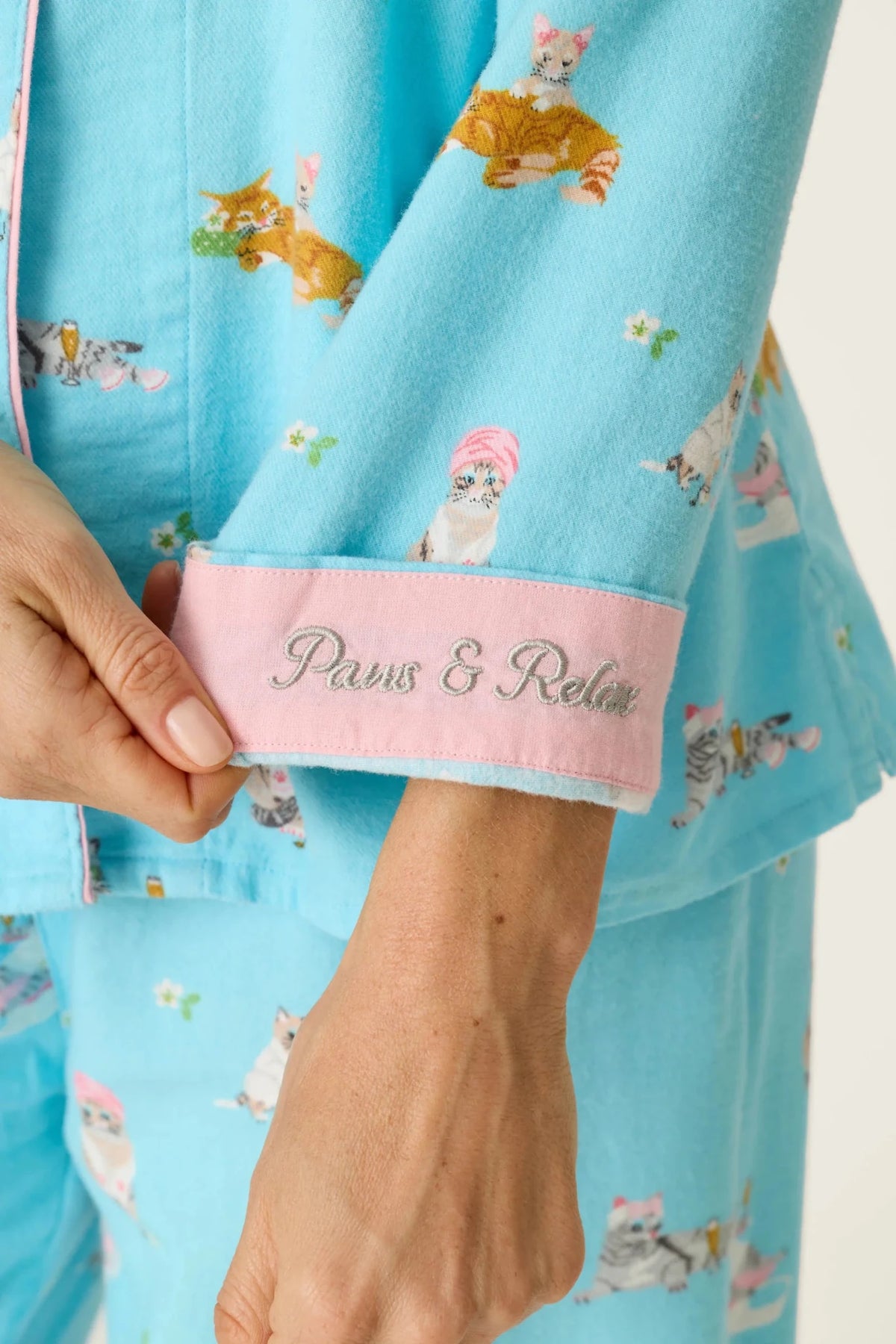 Pampered Cat Print 3-Piece Long Sleeve Flannel PJ SetSleepwearPosh Boutique