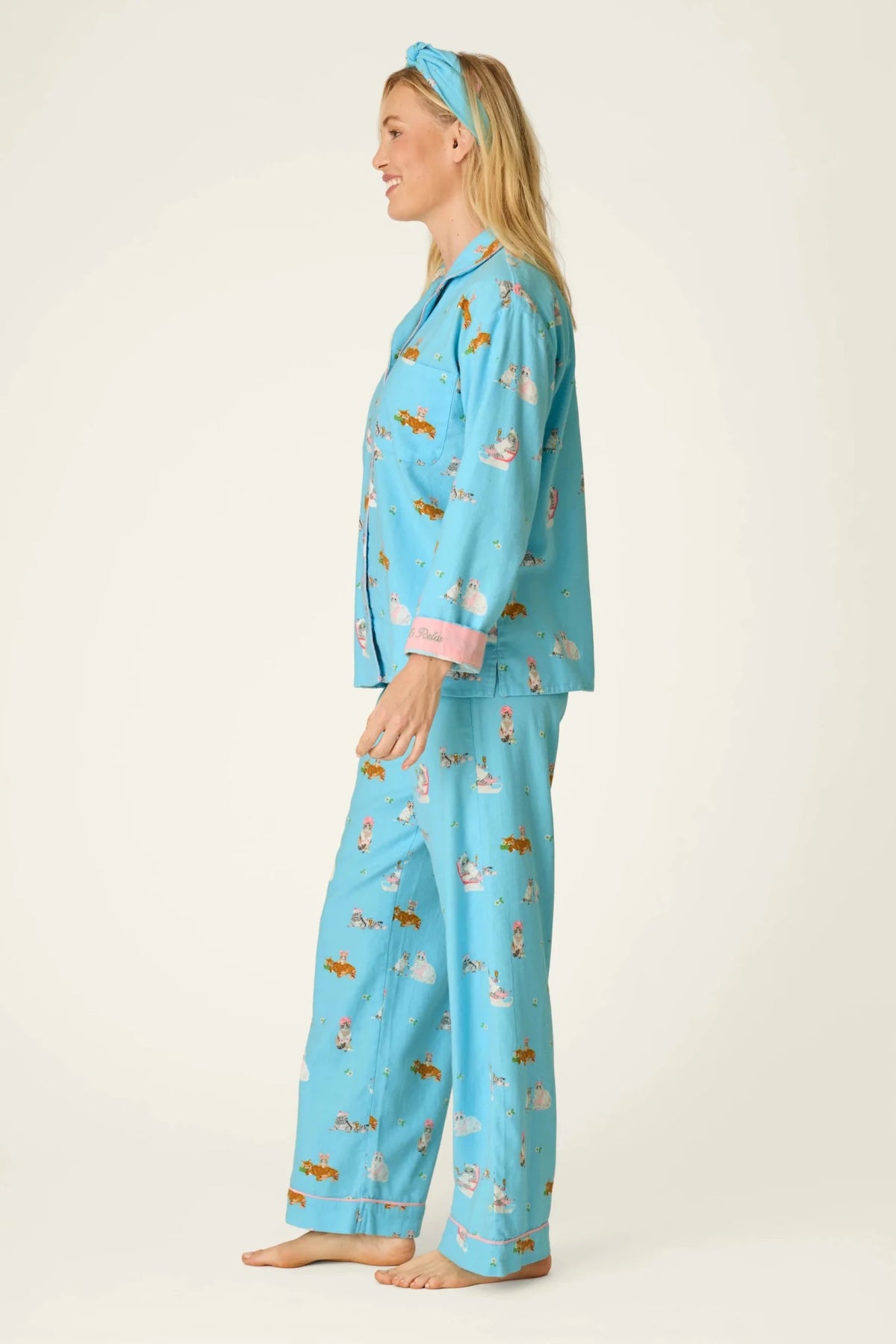 Pampered Cat Print 3-Piece Long Sleeve Flannel PJ SetSleepwearPosh Boutique