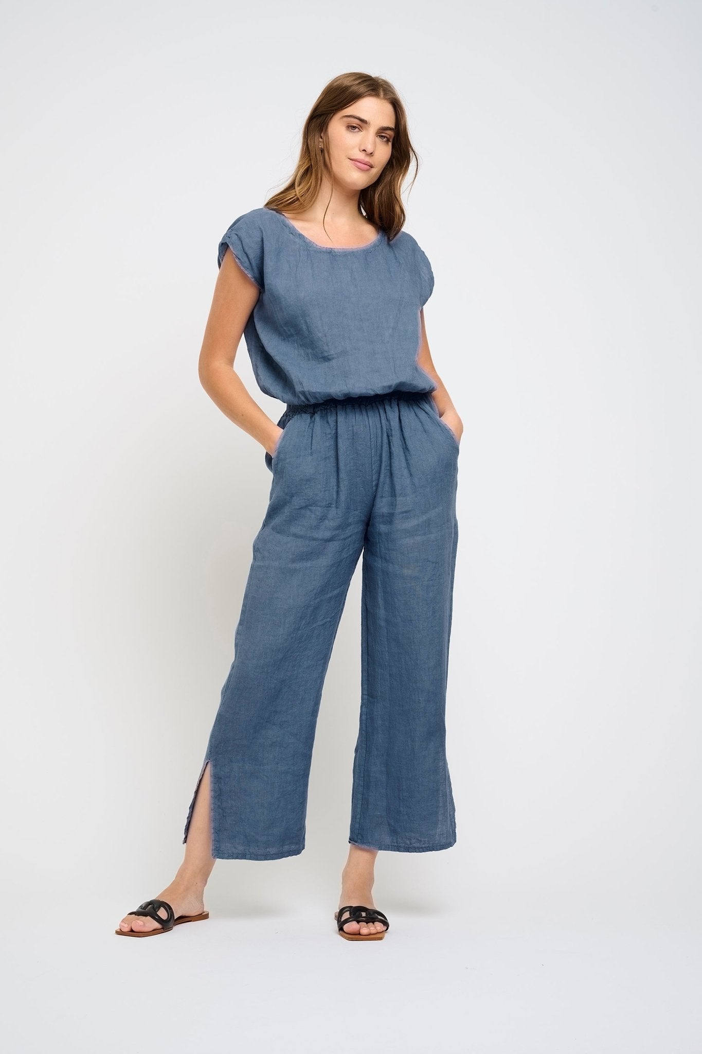 Pistache Split Leg Linen PantPantsPosh Boutique