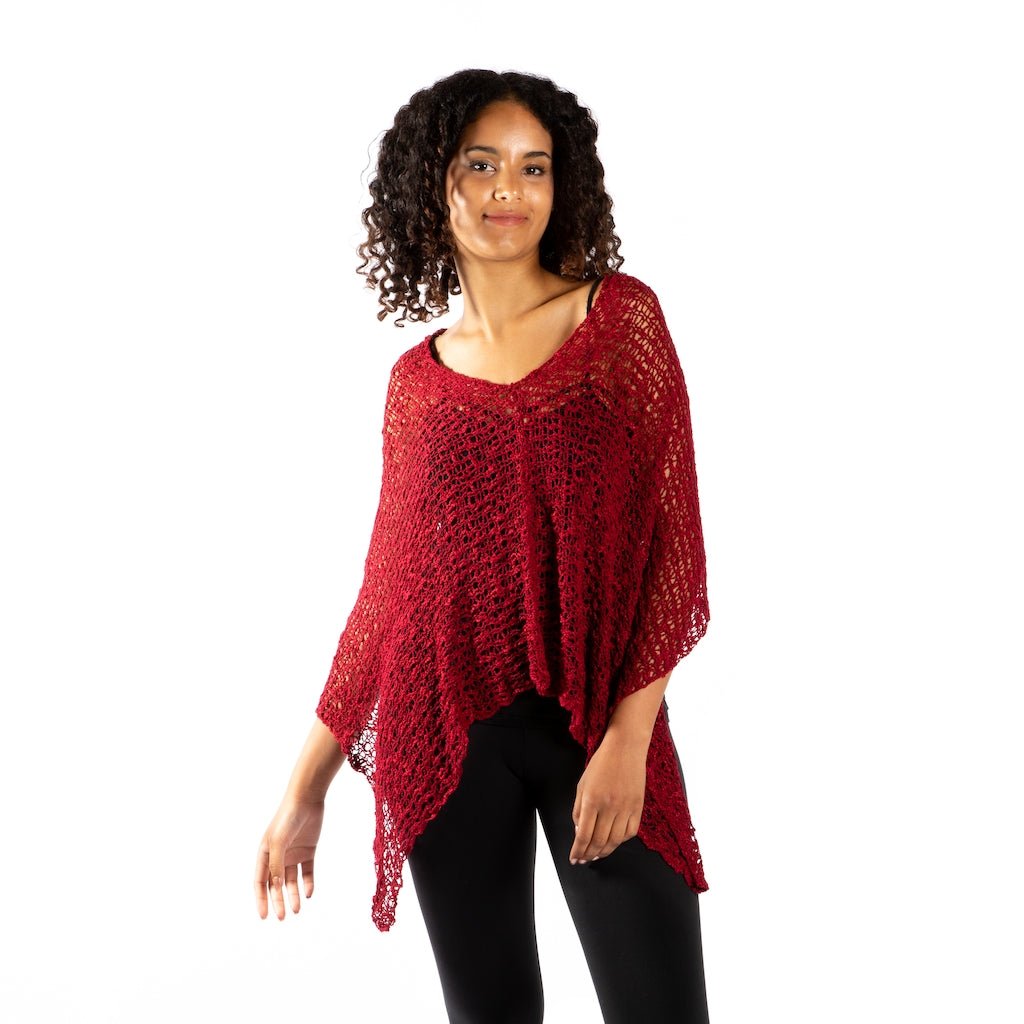 Red Popcorn Knit PonchoJacketsPosh Boutique
