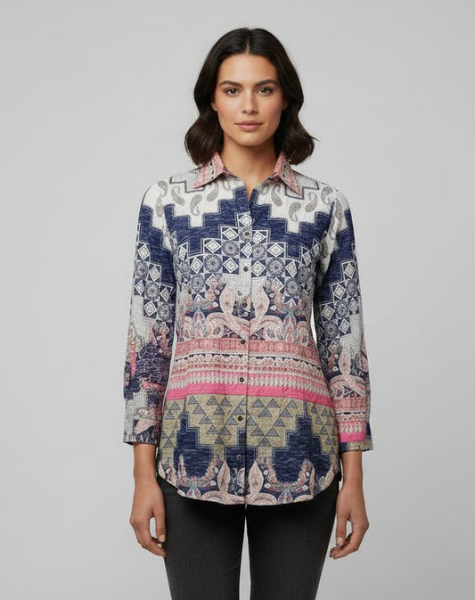 "Tribal" Roll Up Sleeve ShirtTopsPosh Boutique